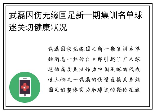 武磊因伤无缘国足新一期集训名单球迷关切健康状况 武磊因伤无缘国足新一期集训名单球迷关切健康状况